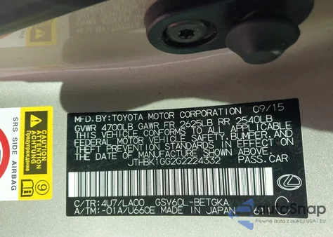 2016 Lexus Es 350 z USA, uszkodzony, nr VIN JTHBK1GG2G2224332